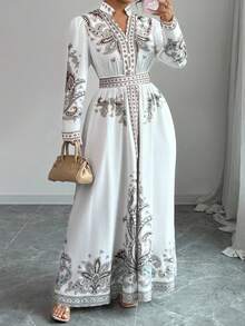 Elenzga Robe vintage élégante à col mao, épaules régulières, manches longues et taille cintrée, grande taille - Blanc - Voir 3