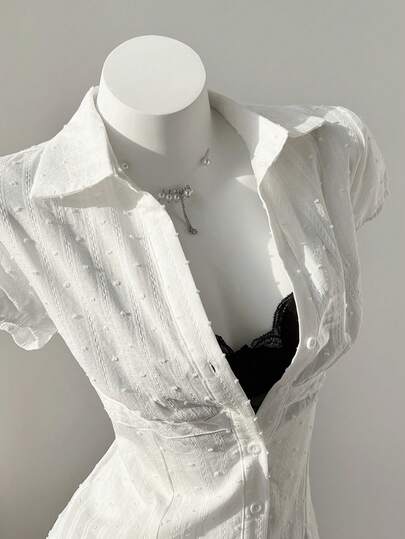 Elamini Elegant Women's White Woven Fabric Short Sleeve Shirt Casual Plain With Ruched Bust Detail