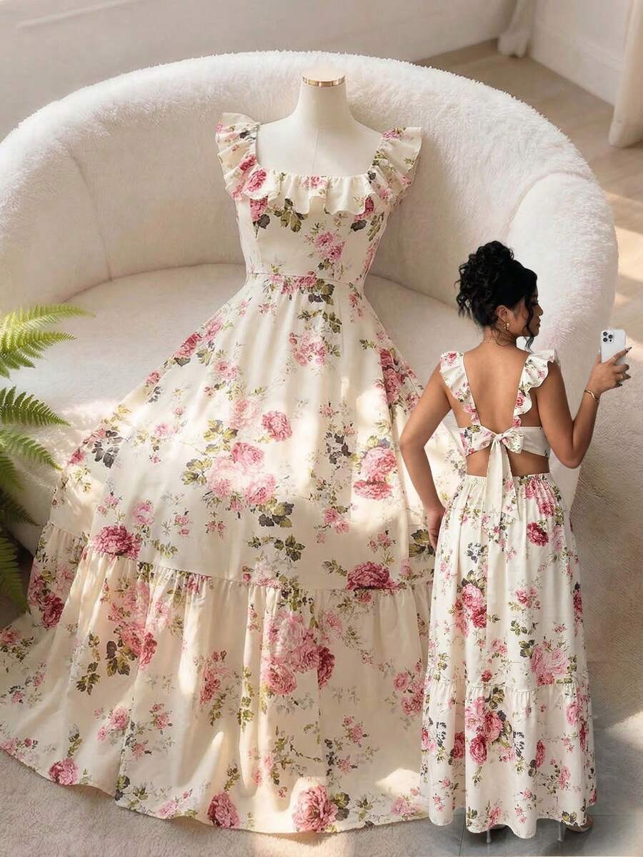 Elenzga Plus Size Women's Elegant Square Neck Ruffle Hem Floral Print A-Line Slip Dress, Summer - Apricot - View 1