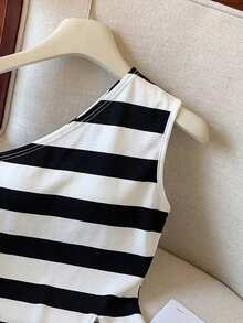 Lymera New Spring/Summer Fashion Casual Commute Versatile Black & White Striped Asymmetric Hem Slit Camisole - Multicolor - View 3