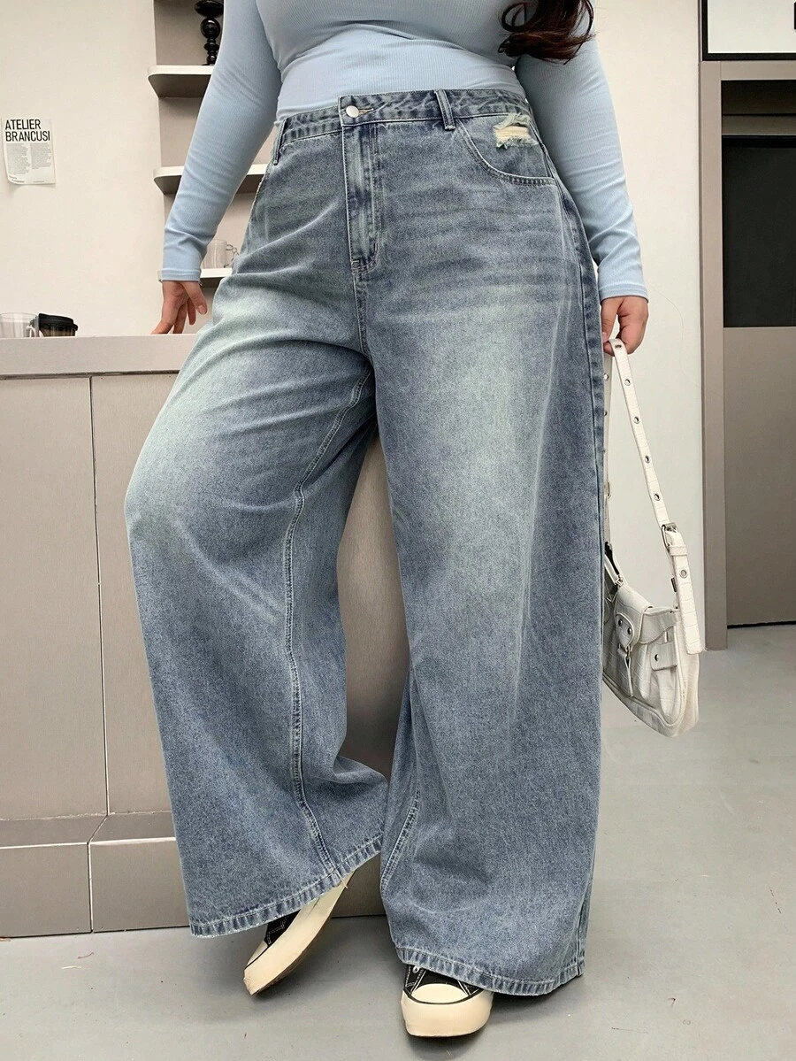 Dazy Plus Quần Jeans Boyfriend ống rộng giặt rách cỡ lớn, quần Jeans Baggy - Rửa trung bình - Xem 1