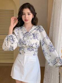 DAZY Women's Chiffon Printed Long Sleeve V-Neck Blouse Summer Boho - Purple - View 3