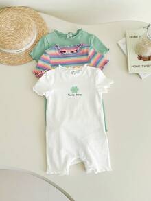 3pcs Newborn Baby Girl Cute Knitted Colorful Striped Floral Pattern Short Sleeve Romper Set, Summer - Multicolor - View 3