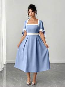 Elenzga Vestido de línea A de manga corta con bloqueo de color y lazo en la cintura para mujer de talla grande - Azul - Ver 3