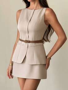 SHEIN Tall Elegant Solid Color Fitted Vest And Short Skirt Suit, Suitable For Daily Commute In Fall/Winter - Beige - View 8