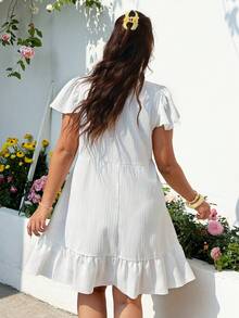 GalTyme 大码女式贴花装饰荷叶边下摆休闲连衣裙 - 白色 - 查看 5