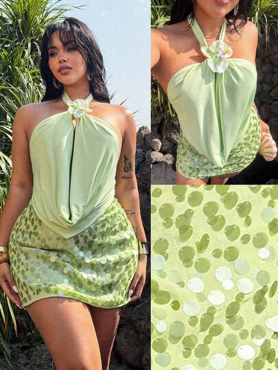 Rustia Women's Lime Green Spaghetti Strap Camisole Top With Floral Decor & Sequin Embellished Skirt, Plus Size, European And American Sexy Style, Summer Beach Holiday 2-Piece Set