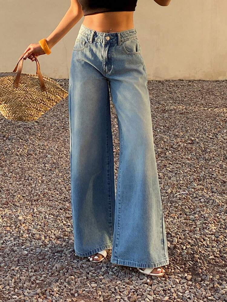Women's Low Waist Washed Loose Straight Leg Jeans, Casual Street Style