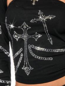 ROMWE Grunge Punk 2 Stücke Gothic Kreuz Strass Dekor Trägerhemd & Weste Set - Schwarz - Übersicht 2