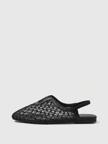 Sleekvia 女士精致镂空网面露跟平底鞋，时尚舒适方头优雅平底鞋 - 黑色 - 查看 2