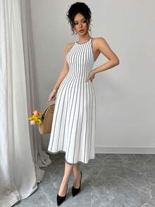 Franclia New Vintage Striped Patchwork Contrast Color Round Neck Sleeveless Knit Dress For Women - Light Grey - View 5