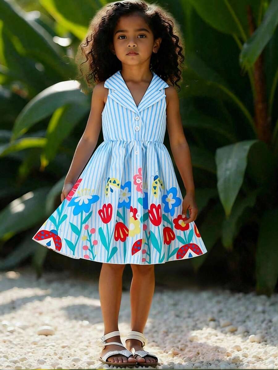 SHEIN Elladie kids 女童夏季新款时尚Polo领露背吊带束腰甜美度假风连衣裙,少女正式礼服 - 藍色 - 查看 1
