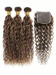 Highlight Piano Color Water Wave 3 PCS Virgin Human Hair Bundles With 4 X 4 Free Part Lace Closure In One Set P4/27# Mixed Wavy Bundle And Closure - S4/27 - View 3