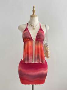 Elamini Bộ đồ hai mảnh mùa hè dành cho nữ, gồm áo hai dây hở lưng hình sao biển phối ombre và chân váy ngắn, phong cách thường ngày gợi cảm cho kỳ nghỉ biển. - Nhiều màu - Xem 3