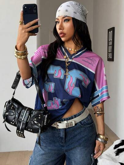 Coolane Women's & Men's Summer Back To School  Game Day Couple Same Style Streetwear Y2k Going Out Breathable Mesh Graphics Comfortable Football Oversized Jersey T-Shirt