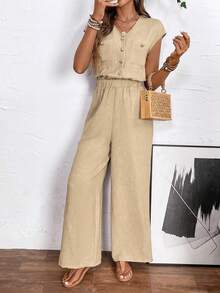 EMERY ROSE Women's Solid Color V-Neck Pocket Casual Jumpsuit Palazzo - Khaki - View 5