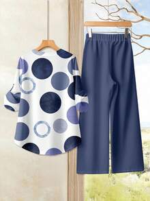 Rusticease 女士几何印花V领上衣和松紧腰阔腿裤两件套休闲套装 - 霧霾藍 - 查看 2