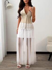 EURMUSE Women Two Pieces Lace Detailed Vest And Mesh Detailed Skirt Sets - Beige - View 4