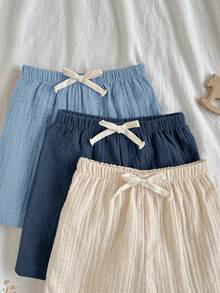 Loomiva 3pcs Baby Boy Elastic Waist Pants Set With Decorative Ribbon, Comfortable & Versatile - Multicolor - View 4