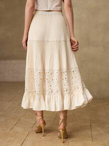 MOTF PREMIUM WOMEN'S SPRING/SUMMER A-LINE SKIRT WITH LACE PATCHWORK, TENCEL & WOOL BLEND - Apricot - View 3