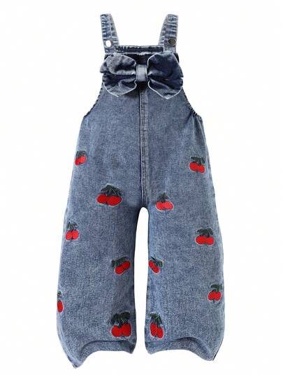 SHEIN Young Girls' Fashion Versatile Style Denim Bib Pants, Spring/Summer/Autumn/Winter, Retro Medium Blue Denim Color, Multiple Red Cherry Embroidery On Pants, Cute Bow Design On Chest, Loose Straight Leg, Soft And Comfortable Fabric, Suitable For Daily Outings And School