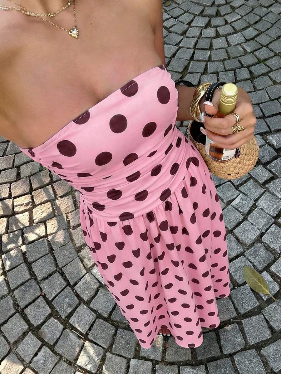SHEIN EZwear 女士粉色波点印花荷叶边下摆无肩带连衣裙,适合度假、秋季时尚、婚礼宾客着装、生日派对、户外活动穿着 - 彩色 - 查看 1