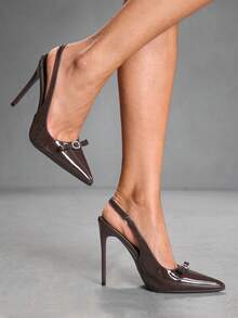 CUCCOO SZL 女士尖头细高跟鞋，棕色蝴蝶结钻石扣后系带高跟鞋，时尚性感晚宴女士鞋 - 6688-55鏡面咖啡171 - 查看 5