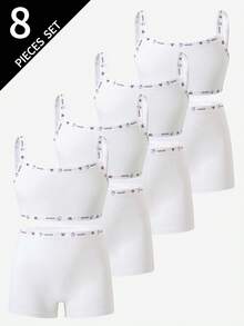 4pcs/Set Girls' Cotton Solid Color Minimalist Camisole & Boyshort Underwear Set - White - View 3