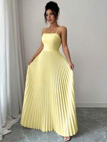 Elenzga Women's Elegant Solid Color Pleated Hem Sleeveless Dress, Summer - Light Yellow - View 6