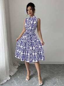 SHEIN Elenzya Women's Casual Sleeveless Full Print Dress, Summer - Royal Blue - View 4
