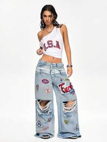 ROMWE Grunge Punk Loose Fit Denim Bermuda Shorts With Dual Waistbands - Blue - View 2