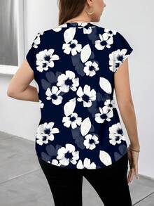 Reflora Plus Size Casual Floral Print Notch Collar Shirt - Navy Blue - View 2