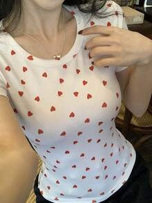 DAZY Women's Casual Heart Print Short Sleeve T-Shirt, Summer - White - View 7