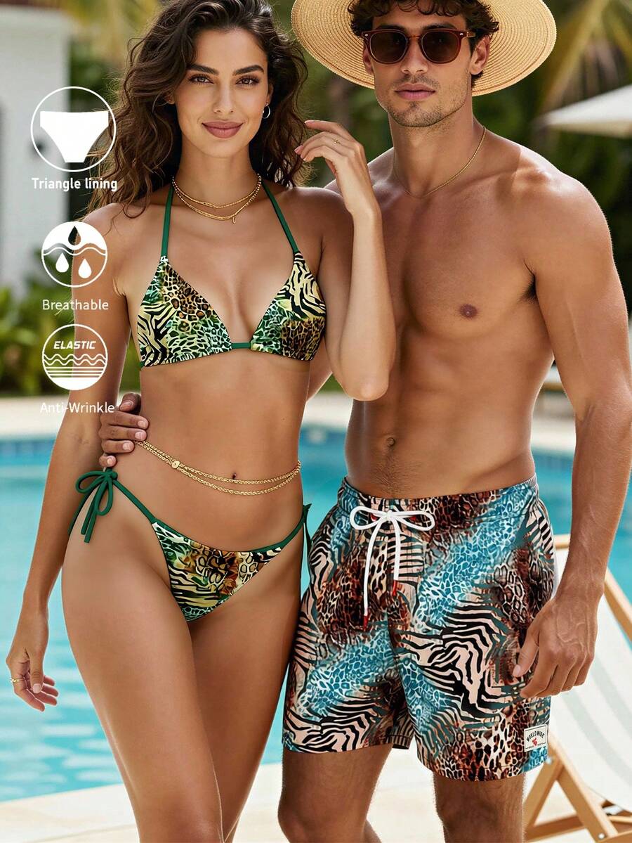 Manfinity Swimmode 男士休闲动物纹沙滩短裤 - 棕色 - 查看 1