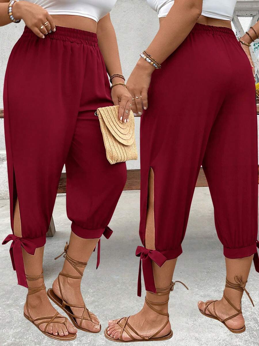 EMERY ROSE Plus Size High Waist Drawstring 7/8 Pants, Spring/Summer - Redwood - View 1