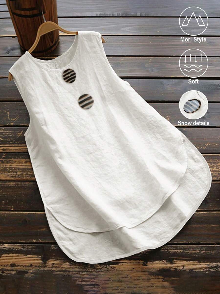 SHEIN LUNE 大码女式休闲乡村简约纽扣装饰背心 - 米色 - 查看 1