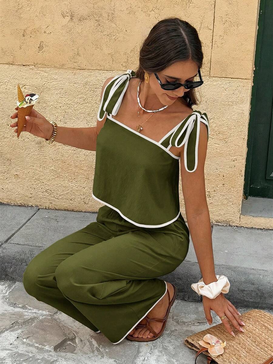 Serisse Bộ 2 món áo và quần nữ kiểu dáng thường ngày thắt nút vai - xanh quân đội - Xem 1