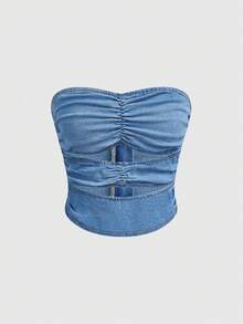 Rivivi Women's Pleated Casual Versatile Daily Wear Denim Tube Top - Blue - View 1