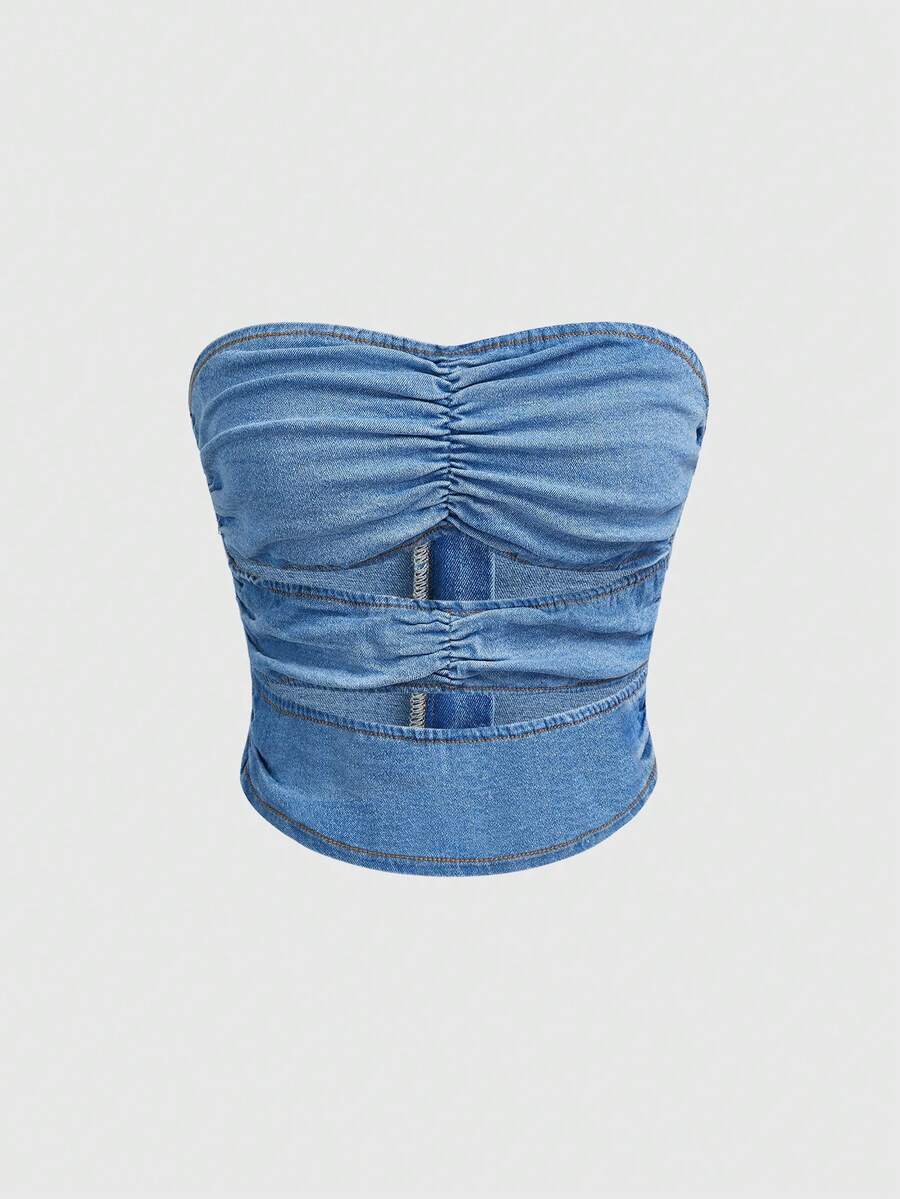 Rivivi Women's Pleated Casual Versatile Daily Wear Denim Tube Top - Blue - View 1