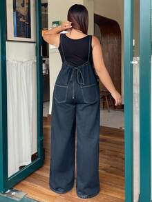 Dazy Plus Bộ đồ liền thân dài rộng rãi bằng vải denim màu tối cỡ lớn, phù hợp cho mọi mùa Thu/Đông - Rửa tối - Xem 2