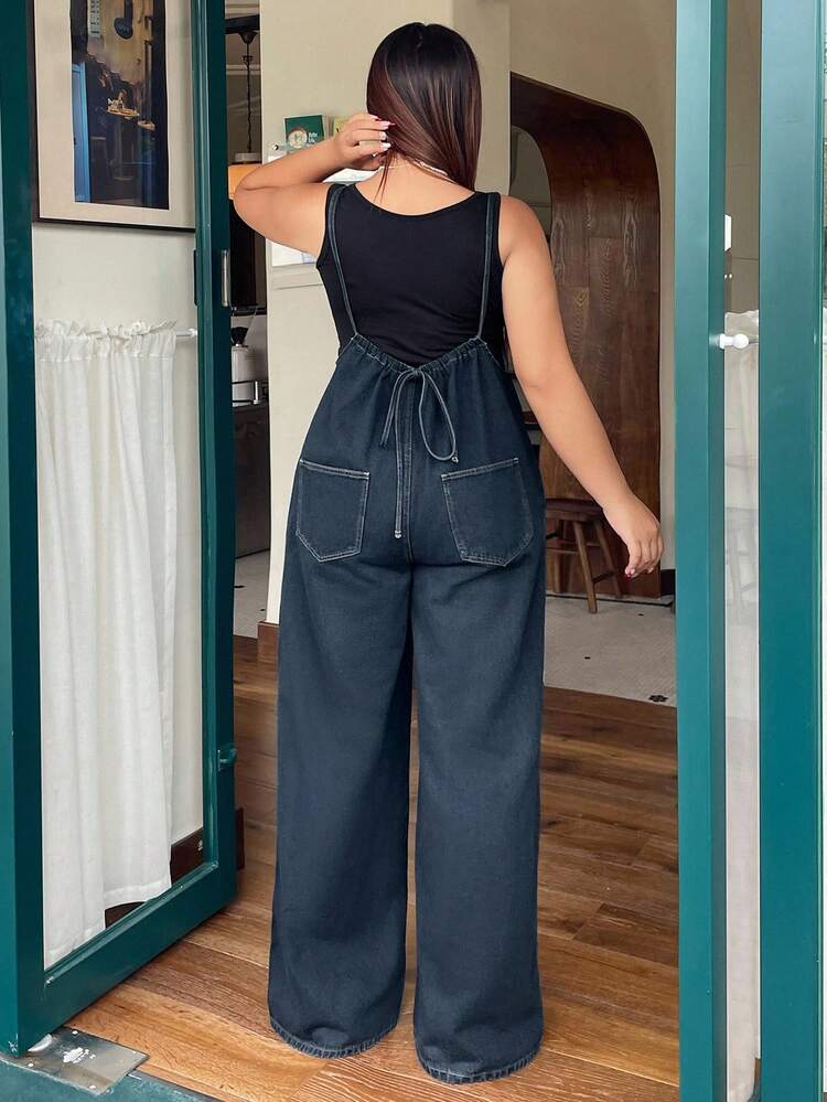 Dazy Plus Plus Size Dark Wash Loose Fit Denim Bib Overall Long Jumpsuit, All Season Fall/Winter