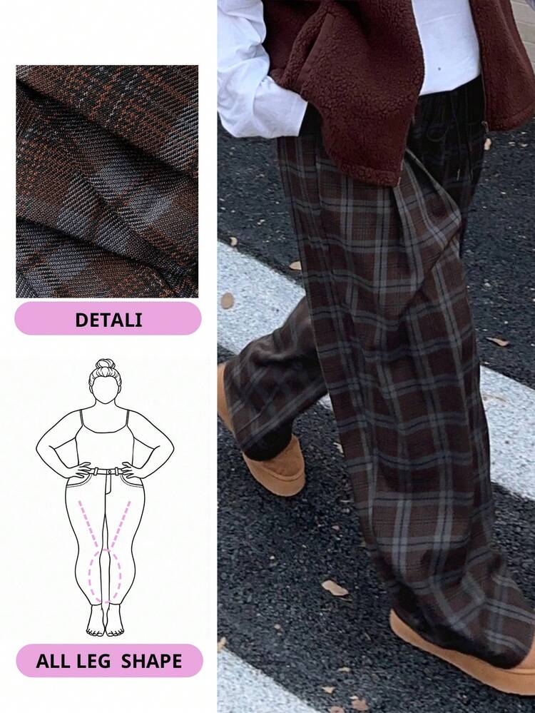 Dazy Plus Plus Size Women Plaid Elastic Waist Drawstring Loose Straight Leg Casual Pants, Street Style
