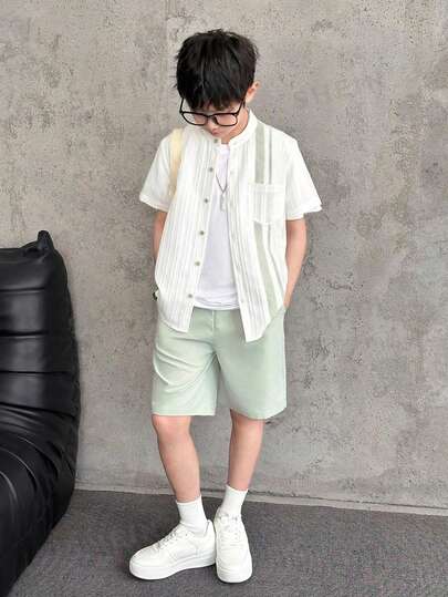 Mirajuku 青少年男孩夏季休闲度假通勤撞色条纹印花短袖衬衫和短裤套装