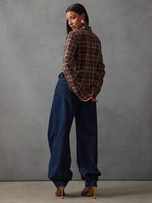 NYA SZN Pantalones vaqueros de tiro alto con pierna de barril abombada, lavado oscuro, para vacaciones, festivales, invierno, primavera, ropa casual de calle para mujeres - Azul lavado oscuro - Ver 2