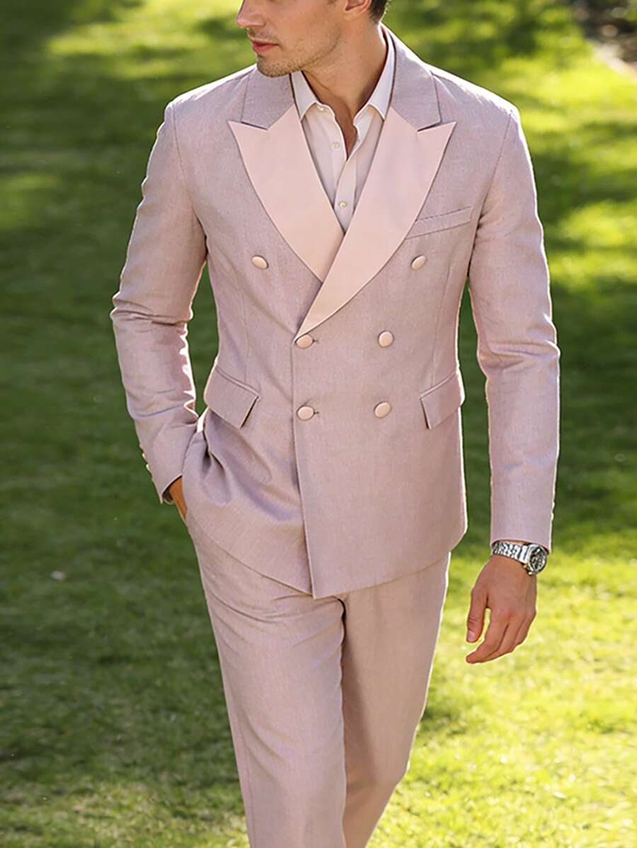 Manfinity Bizformal Bộ vest công sở và quần tây nam màu hồng phối tương phản, thích hợp cho đám cưới/lễ hội. - Màu Hồng San hô - Xem 1