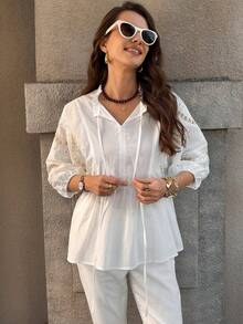 Solivie Women's White Embroidered Blouse, Elegant Holiday Doll Shirt - White - View 3