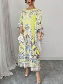 Rafferiza Elegant Loose Middle Eastern Digital Placement Print Round Neck 3/4 Sleeve Robe, Spring/Summer For Women - Light Yellow - View 4