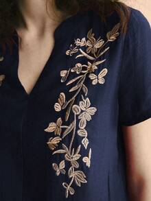 Écloséra 优雅复古法式V领刺绣短袖女式衬衫，酒红色，春夏款 - 藏蓝色 - 查看 5