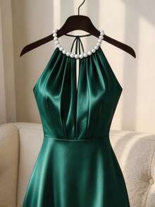 Franclia 女士优雅奢华晚礼服，适合婚礼穿着，珍珠吊带，露背，收腰设计，奢华缎面垂褶，祖母绿 - 綠松石色 - 查看 5