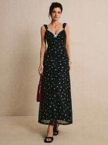 Poéselle Women's Elegant Small Floral Print Dress, Summer - Black - View 1